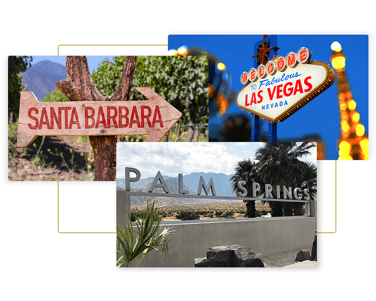 Images of special road signs for Santa Barbara, Las Vegas, and Palm Springs for Big Jean Transportation premium road trip transportation services for southern california