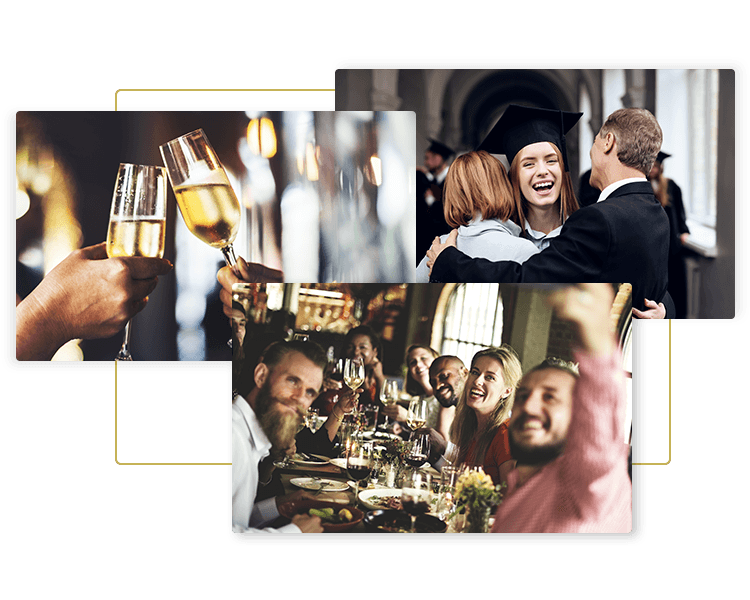 Images of people at a graduation, celebration dinner, toasting champagne all for Big Jean Transportation transportation and limo service for all special celebrations, birthdays, graduations, celebration dinners and much more