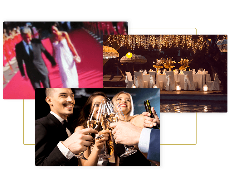 Images of a special event dinner table, people dressed up and celebrating, toasting, and walking the red carpet for Big Jean Transportation special event limousine and luxury transportation