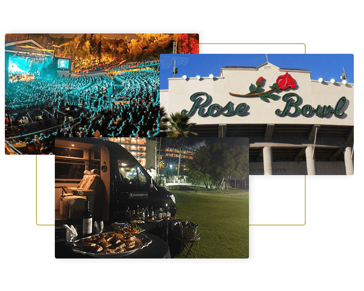Image of the Greek Theater, Rose Bowl for the ultimate concert limo, sports event limo and tailgating limo service featuring luxury Mercedes Sprinter limo vans for Los Angeles and Southern California