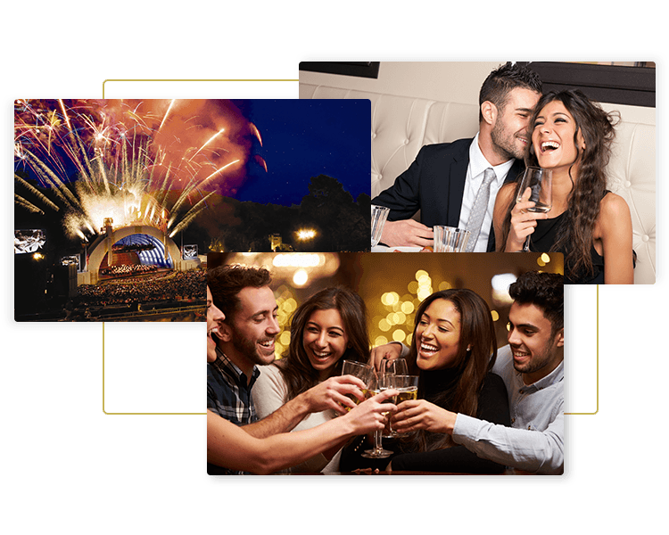Friends out on the town, laughing couple having a romantic dinner, fireworks at a the Hollywood Bowl - all part of a night on the town with luxury limos and transportation from Big Jean Transportation