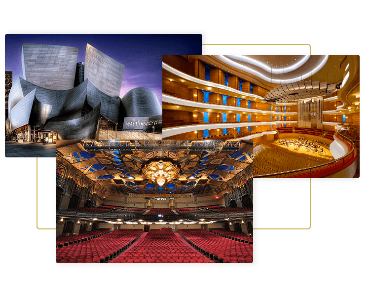 Images of Walt Disney Concert Hall, Pantages Theatre, and Segerstrom Center for the Arts for Big Jean Transportation premium theater limo and luxury theater transportation service in Los Angeles, Pasadena and Orange County