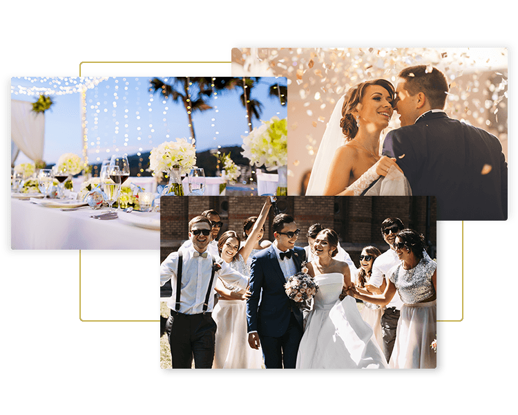Images of a beautiful wedding table, dancing wedding couple, celebrating wedding party for Big Jean Luxury Transportation luxury wedding transportation and wedding limo service